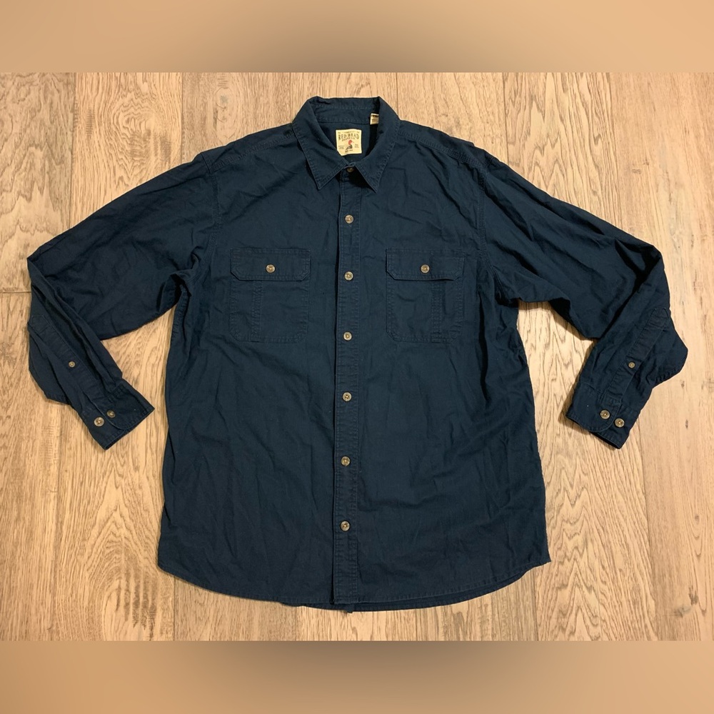 Red Head - Mens XL - Long Sleeve Button Up Blue Work Shirt - Pockets - Cotton